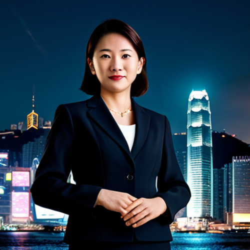 Home 6 A professional businesswoman in a modest, dark business suit, standing in a dynamic Hong Kong cityscape at dusk. In the background, modern glass skyscrapers seamlessly blend with a hint of historic colonial architecture, showcasing the unique fusion of East and West. The scene is captured with professional photography, showcasing vibrant city lights and a bustling atmosphere. Perfect anatomy, correct proportions, natural pose, well-formed hands, proper finger count. Fully clothed, appropriate attire, professional dress, safe for work, appropriate content, family-friendly.