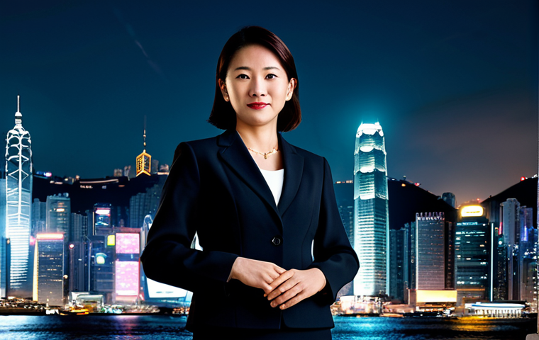 A professional businesswoman in a modest, dark business suit, standing in a dynamic Hong Kong cityscape at dusk. In the background, modern glass skyscrapers seamlessly blend with a hint of historic colonial architecture, showcasing the unique fusion of East and West. The scene is captured with professional photography, showcasing vibrant city lights and a bustling atmosphere. Perfect anatomy, correct proportions, natural pose, well-formed hands, proper finger count. Fully clothed, appropriate attire, professional dress, safe for work, appropriate content, family-friendly.