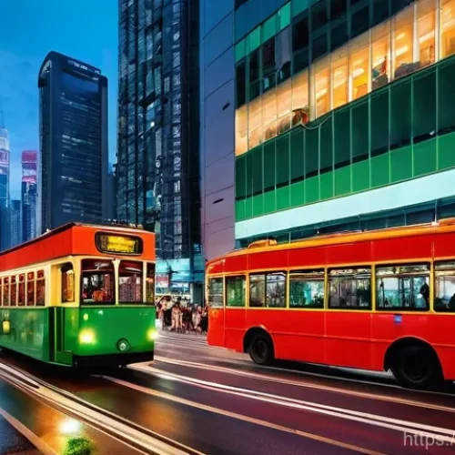 Home 21 홍콩 교통 및 여행 팁 - **A dynamic street scene in Hong Kong at dusk, capturing its unique blend of traditional and modern ...