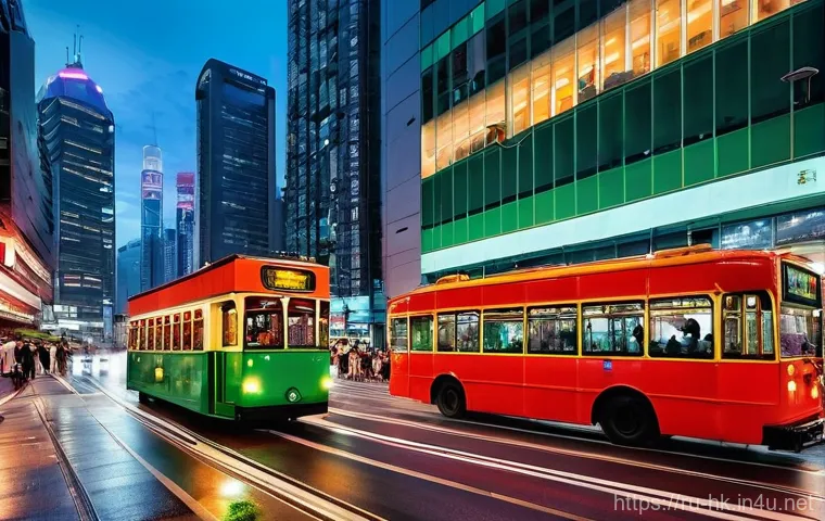 홍콩 교통 및 여행 팁 - **A dynamic street scene in Hong Kong at dusk, capturing its unique blend of traditional and modern ...