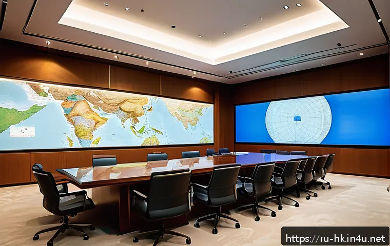 홍콩 이슈 및 사건 - A detailed scene depicting a high-level diplomatic meeting room in a modern Asian metropolis, showca...