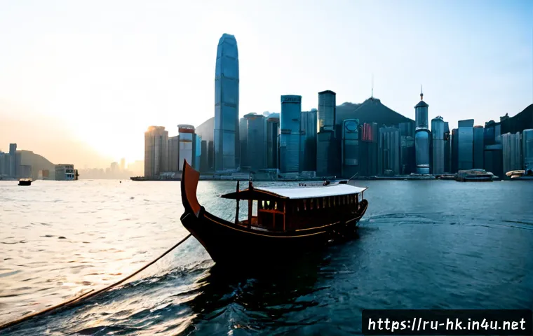 Home 11 홍콩의 경제 발전 과정 - Photorealistic wide-angle view of Hong Kong’s economic development, a historic wooden sampan boat in...